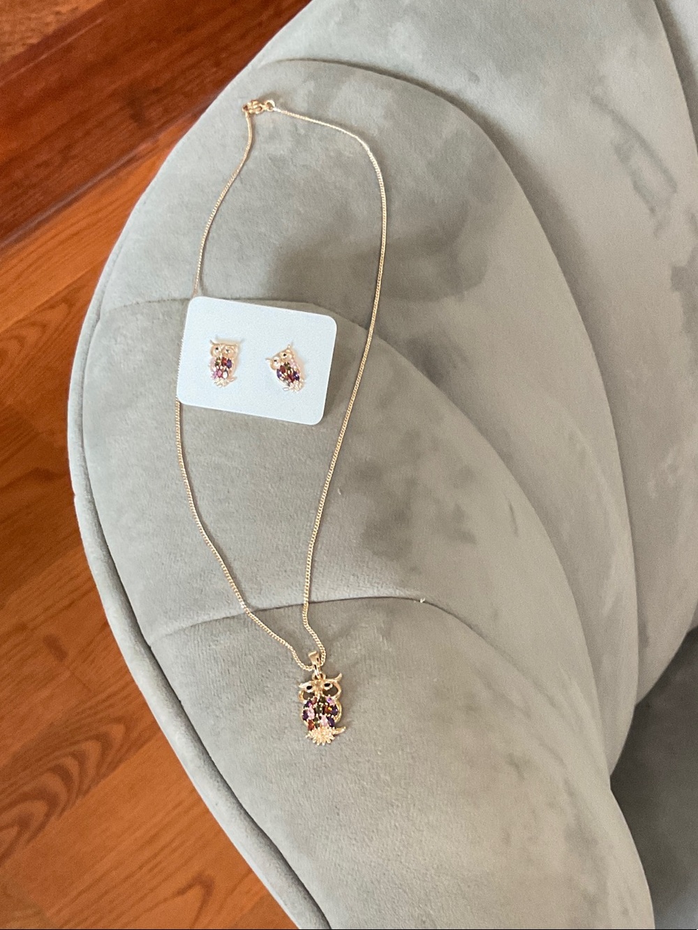 Rose Gold-Tone Owl Pendant Necklace and Stud Earrings Set with Pink Gem Accents